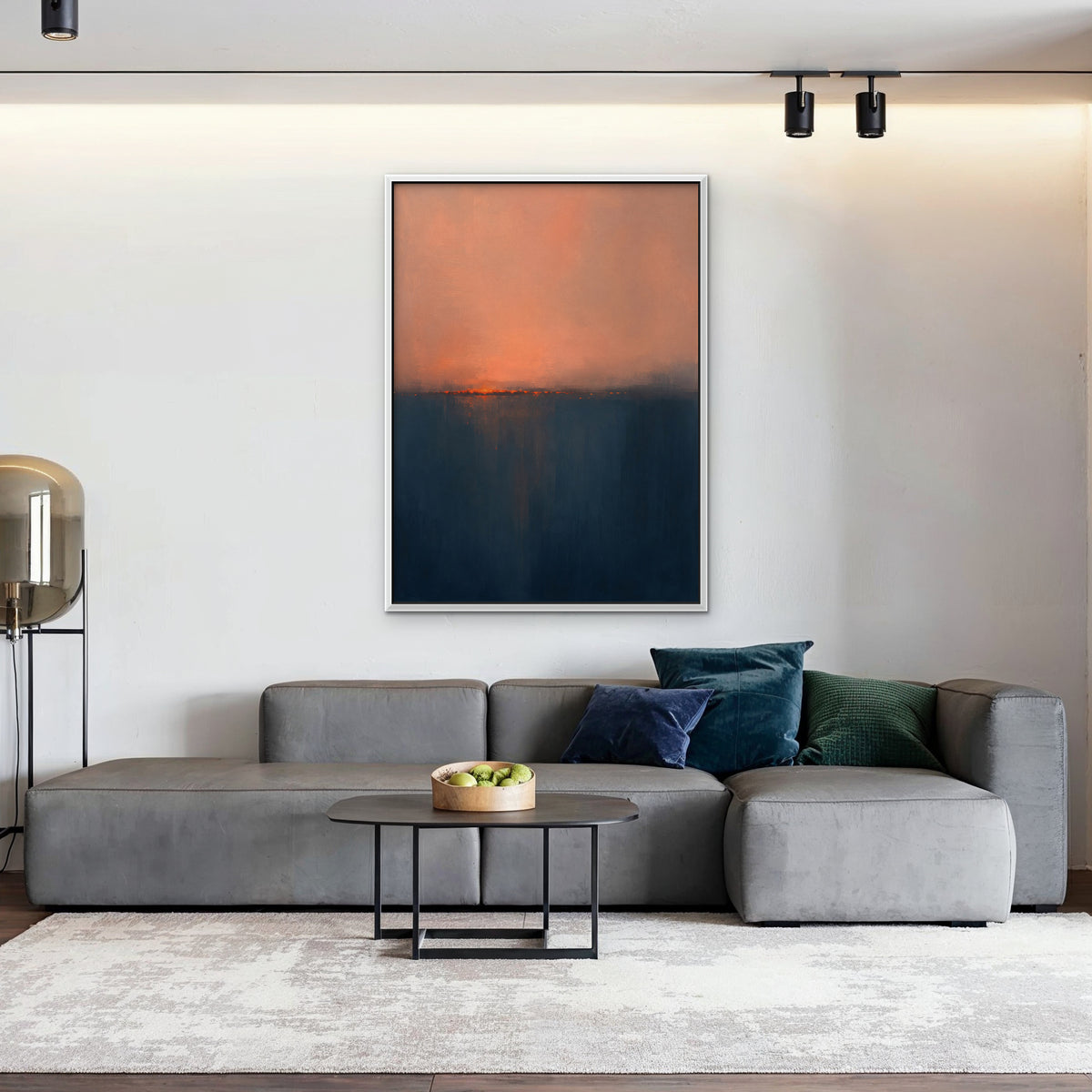 Coral Horizon Canvas Art - Vertical – White Floating Frame in room setting