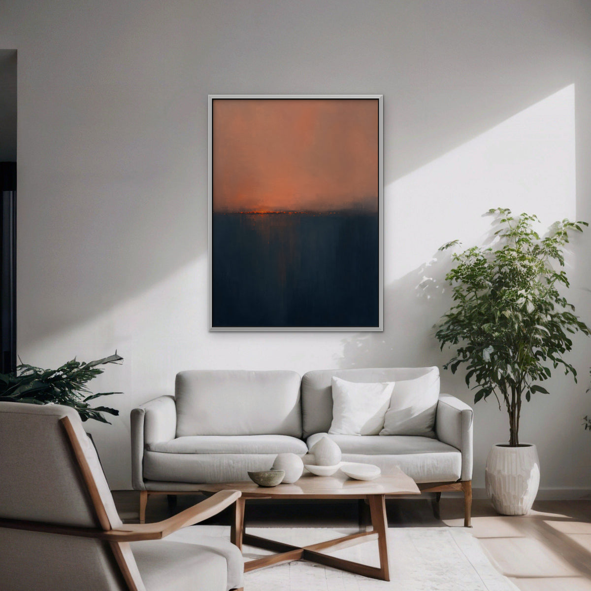 Coral Horizon Canvas Art - Vertical – White Floating Frame in room setting