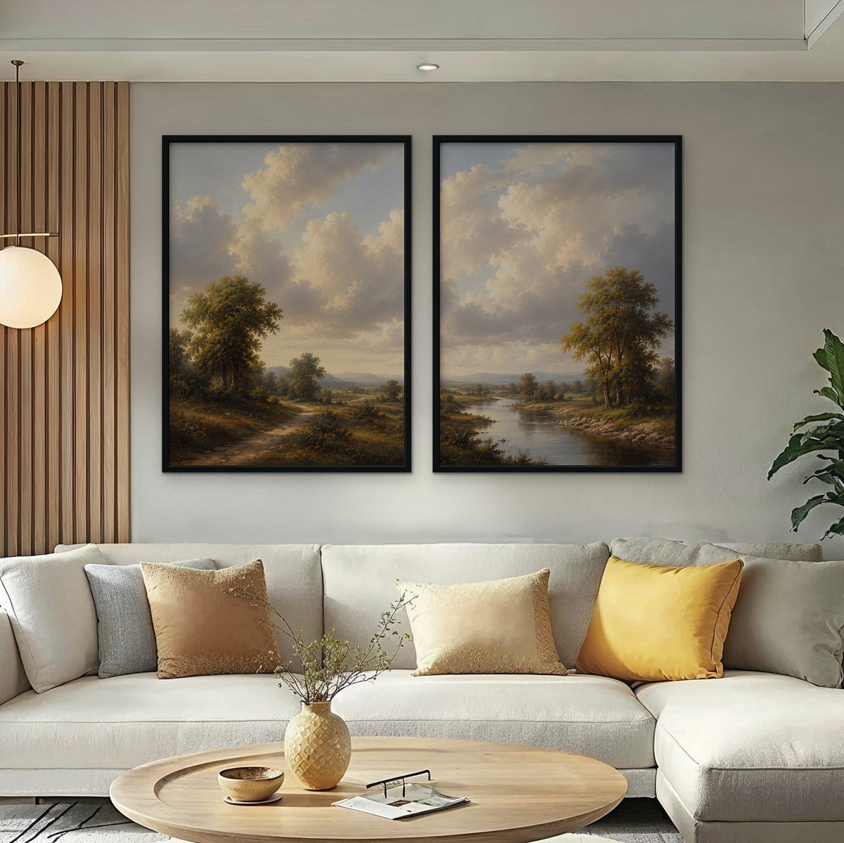 Country River Path Canvas Art - Set of 2 – Black Floating Frame in room setting