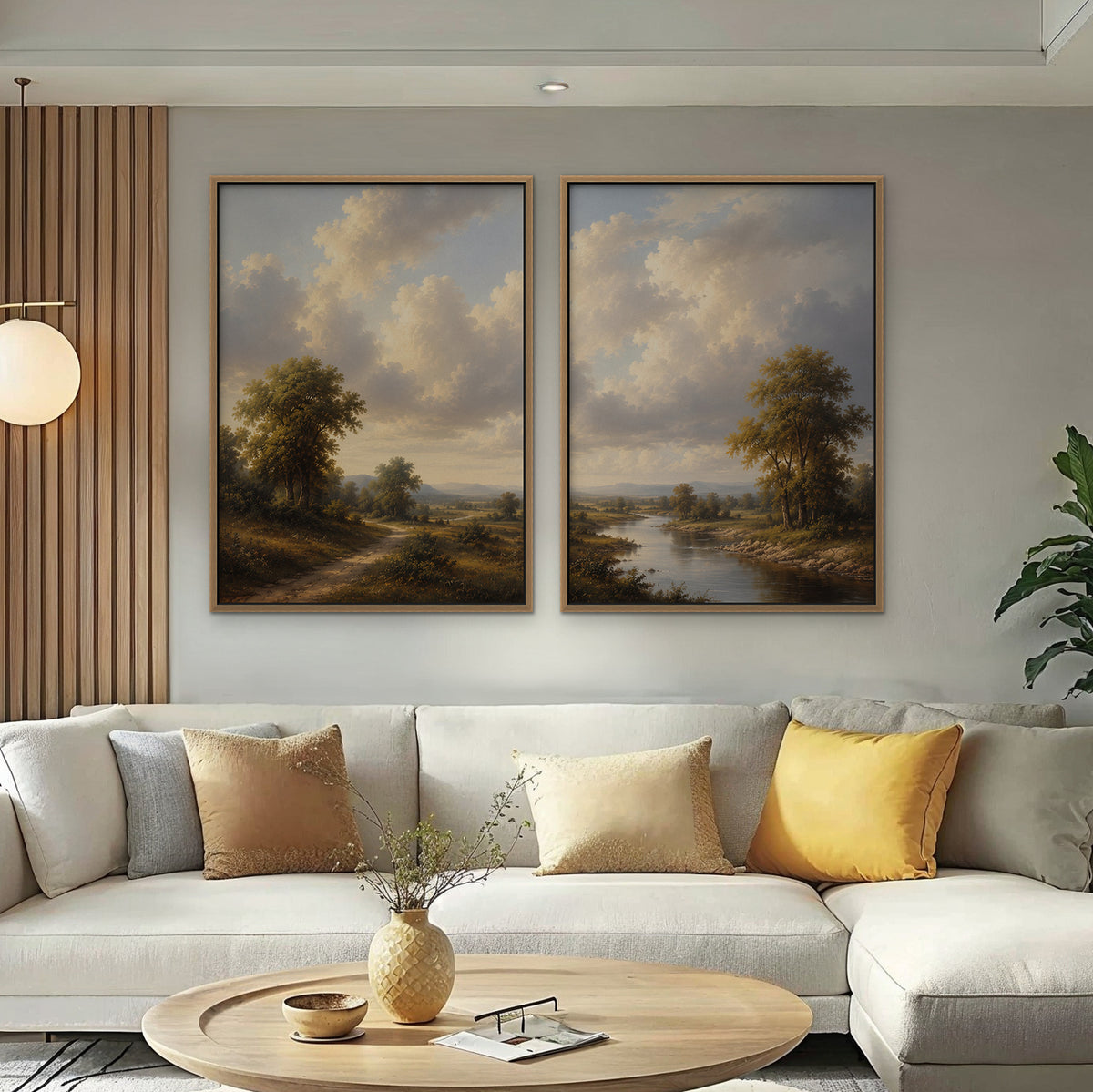 Country River Path Canvas Art - Set of 2 – Oak Floating Frame in room setting