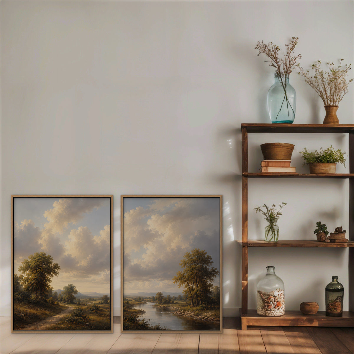 Country River Path Canvas Art - Set of 2 – Oak Floating Frame in room setting