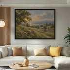 Countryside Sunset Canvas Art - Horizontal – Black Floating Frame in room setting