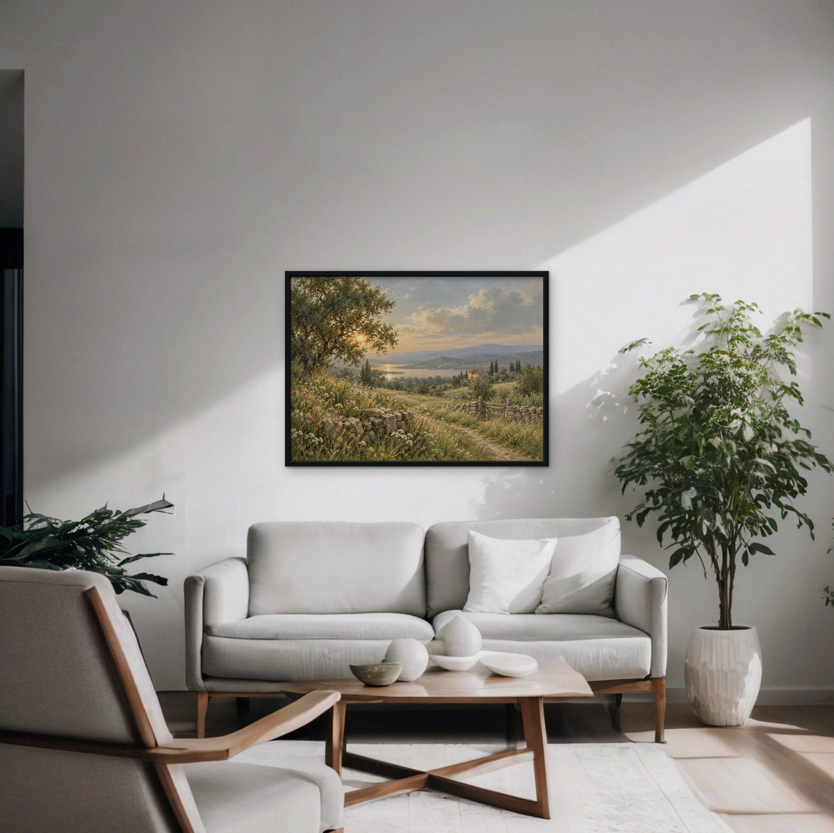 Countryside Sunset Canvas Art - Horizontal – Black Floating Frame in room setting