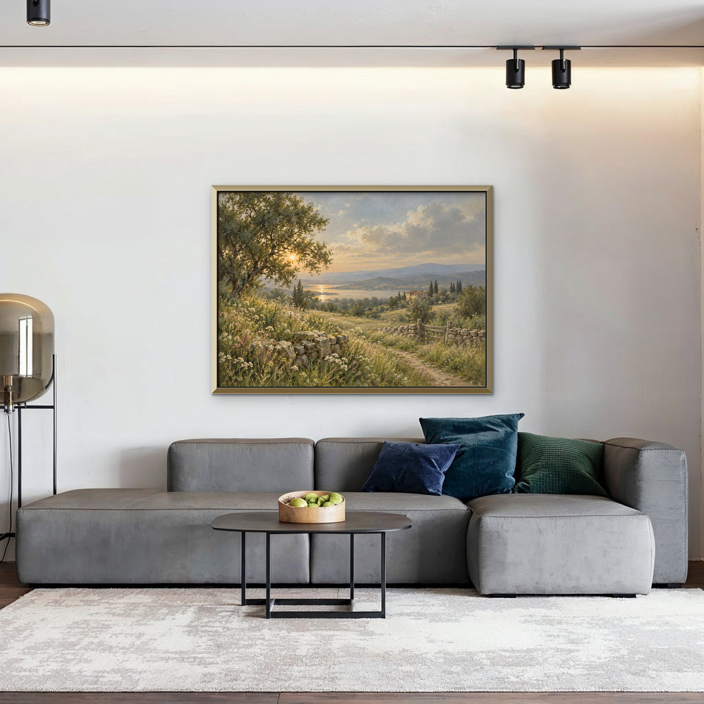 Countryside Sunset Canvas Art - Horizontal – Gold Floating Frame in room setting