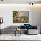 Countryside Sunset Canvas Art - Horizontal – Gold Floating Frame in room setting