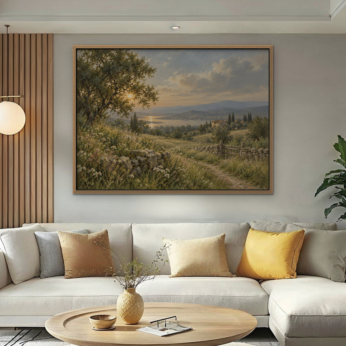 Countryside Sunset Canvas Art - Horizontal – Oak Floating Frame in room setting