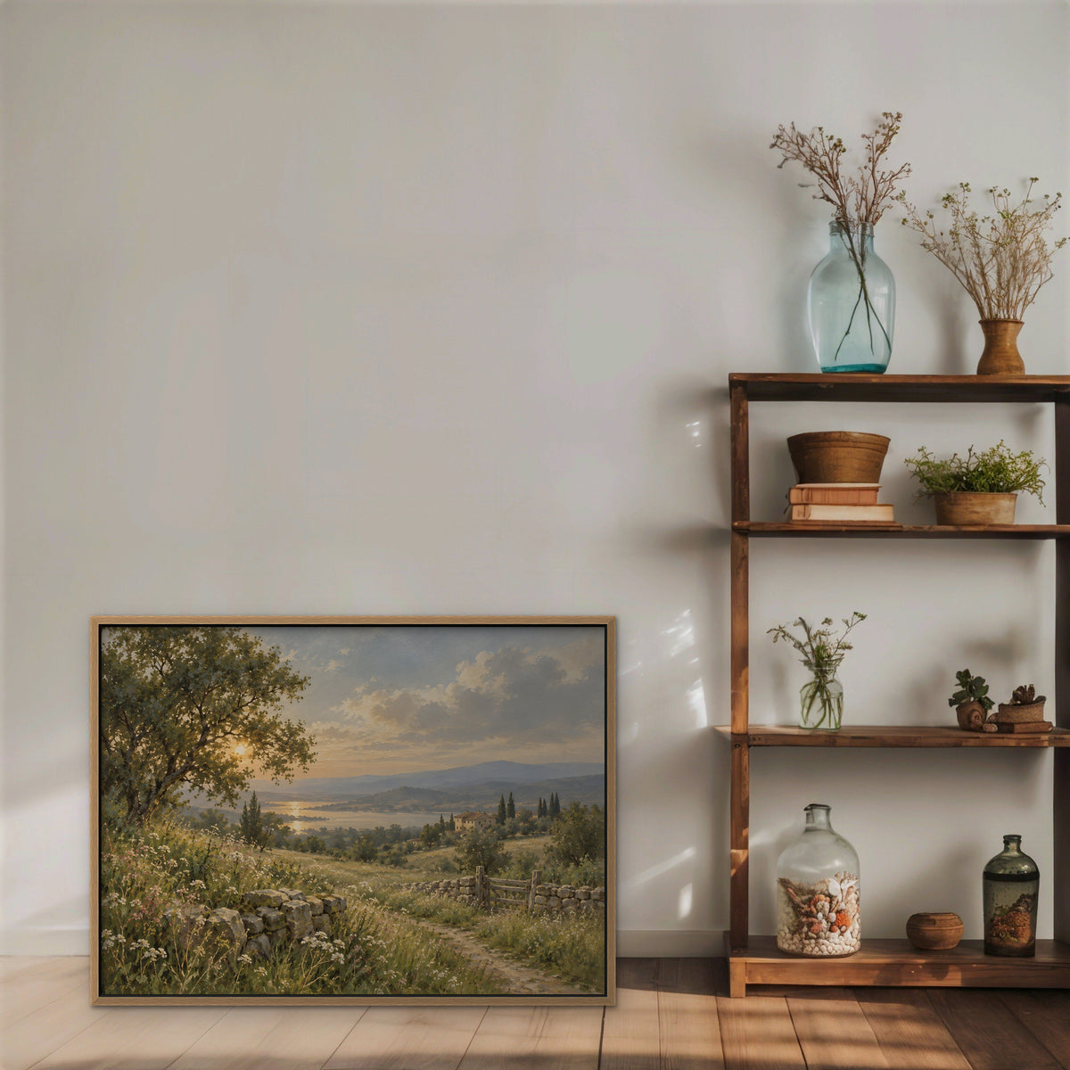 Countryside Sunset Canvas Art - Horizontal – Oak Floating Frame in room setting