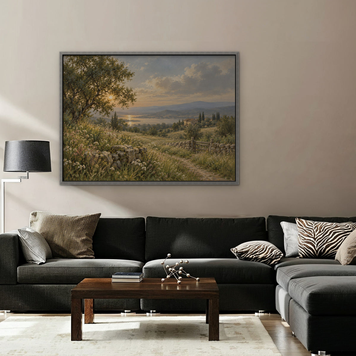 Countryside Sunset Canvas Art - Horizontal – Silver Floating Frame in room setting