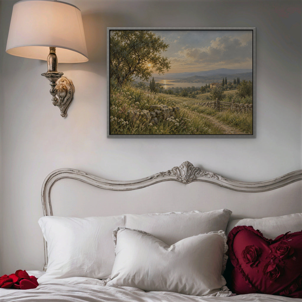 Countryside Sunset Canvas Art - Horizontal – Silver Floating Frame in room setting