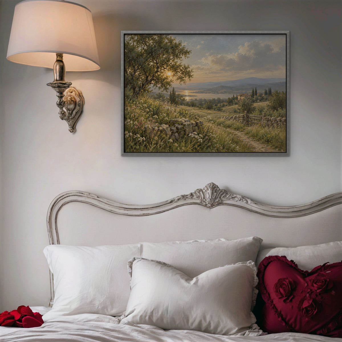 Countryside Sunset Canvas Art - Horizontal – Silver Floating Frame in room setting
