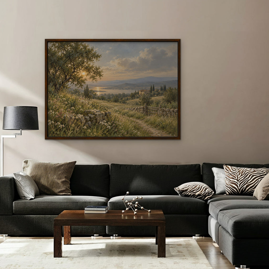 Countryside Sunset Canvas Art - Horizontal – Walnut Floating Frame in room setting