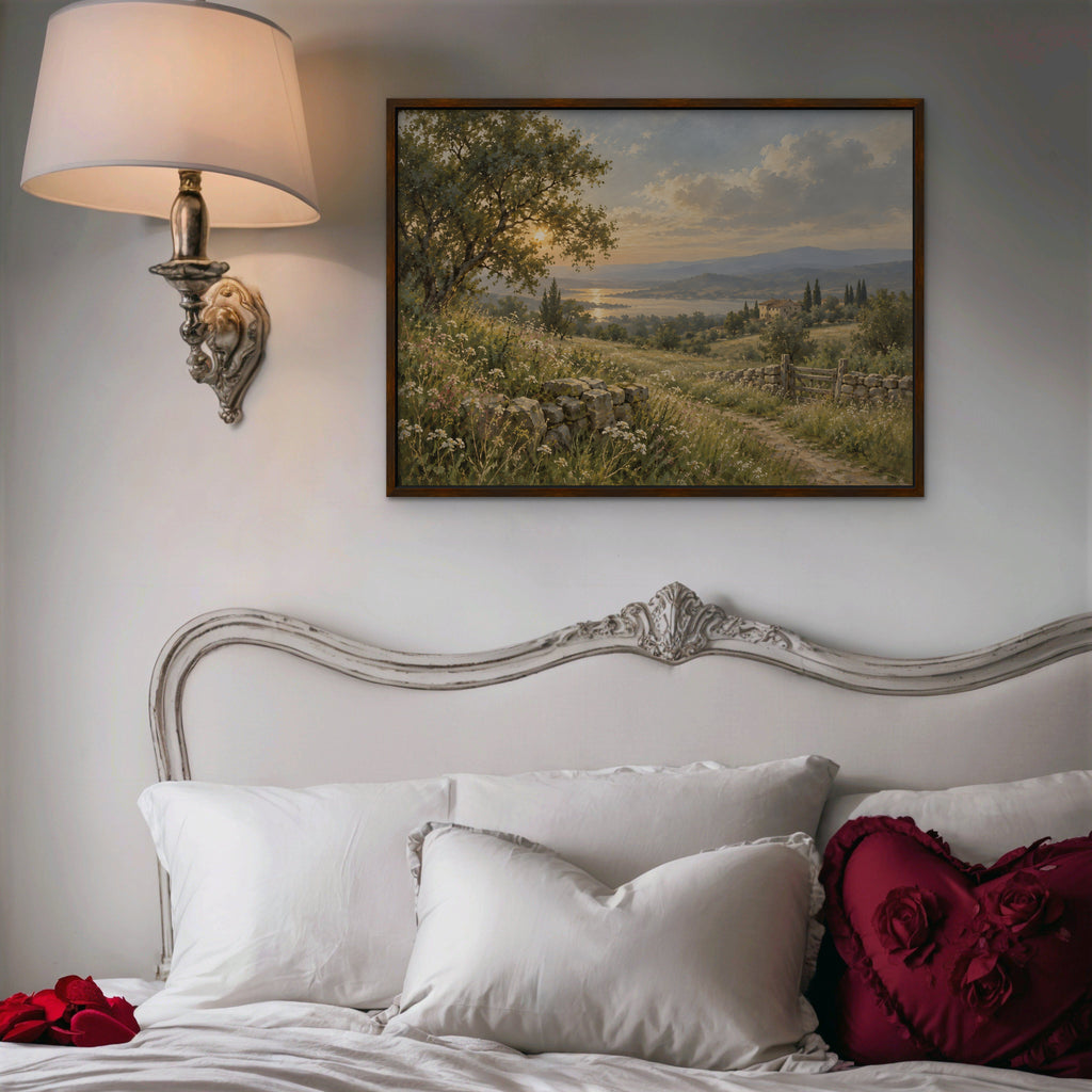 Countryside Sunset Canvas Art - Horizontal – Walnut Floating Frame in room setting