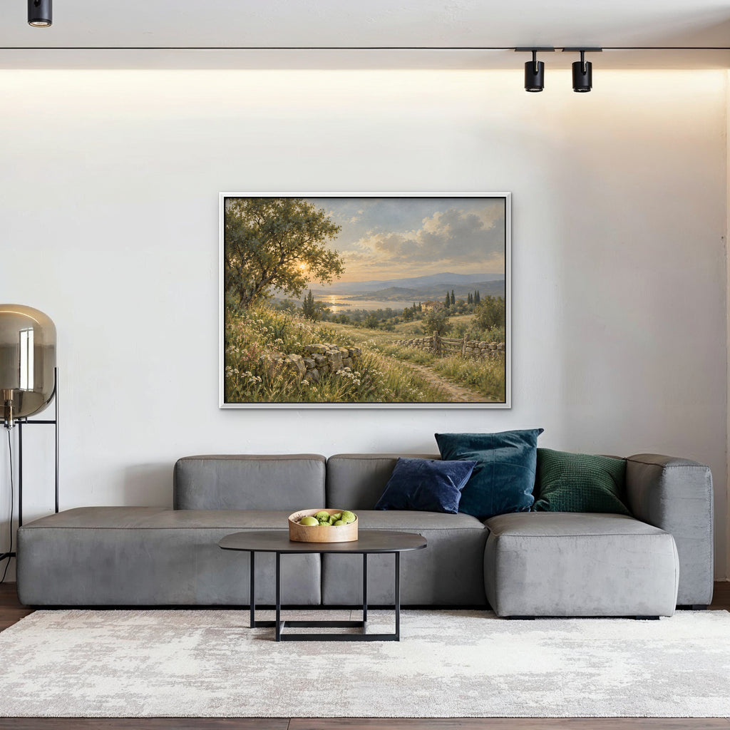 Countryside Sunset Canvas Art - Horizontal – White Floating Frame in room setting