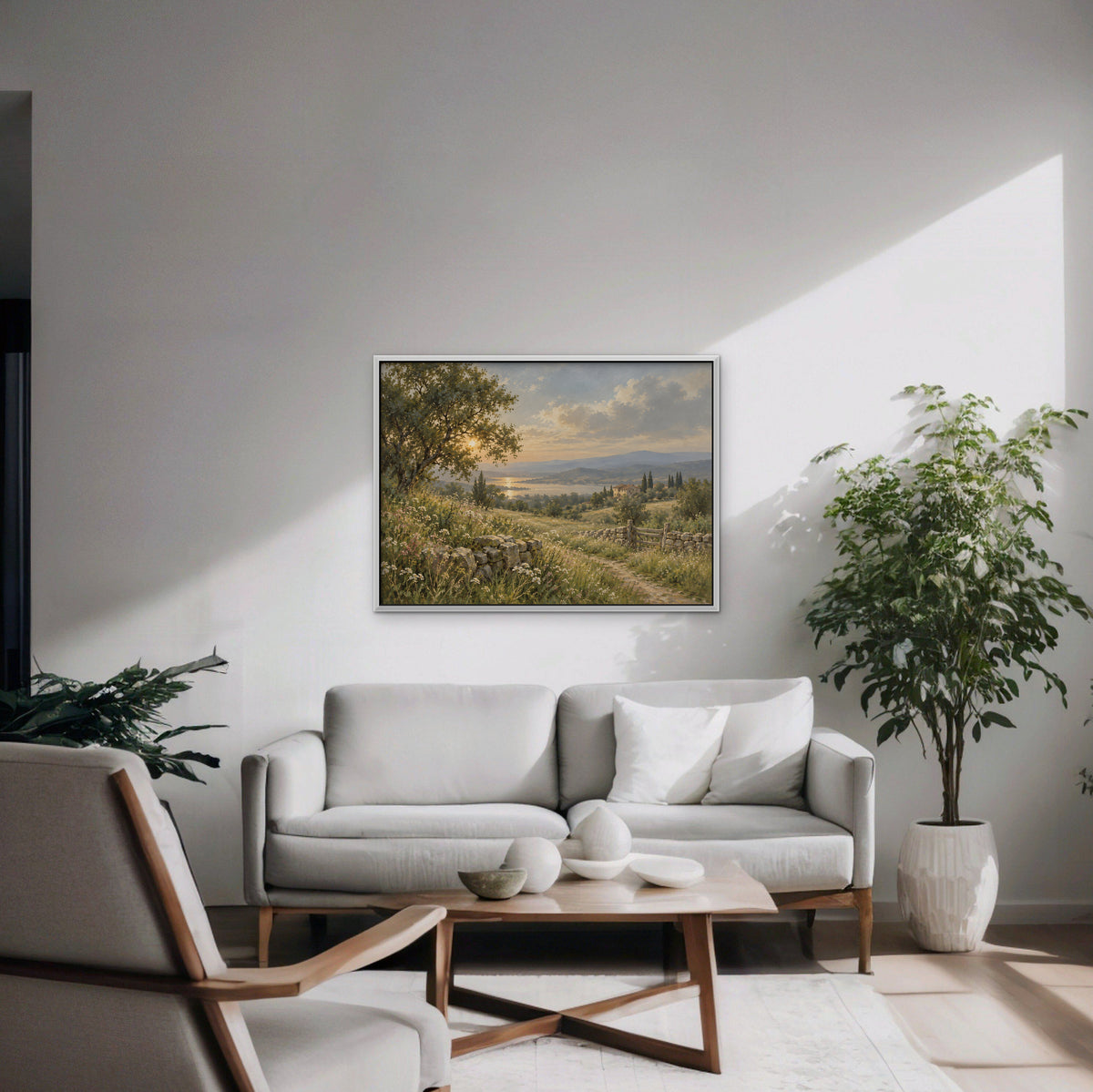 Countryside Sunset Canvas Art - Horizontal – White Floating Frame in room setting