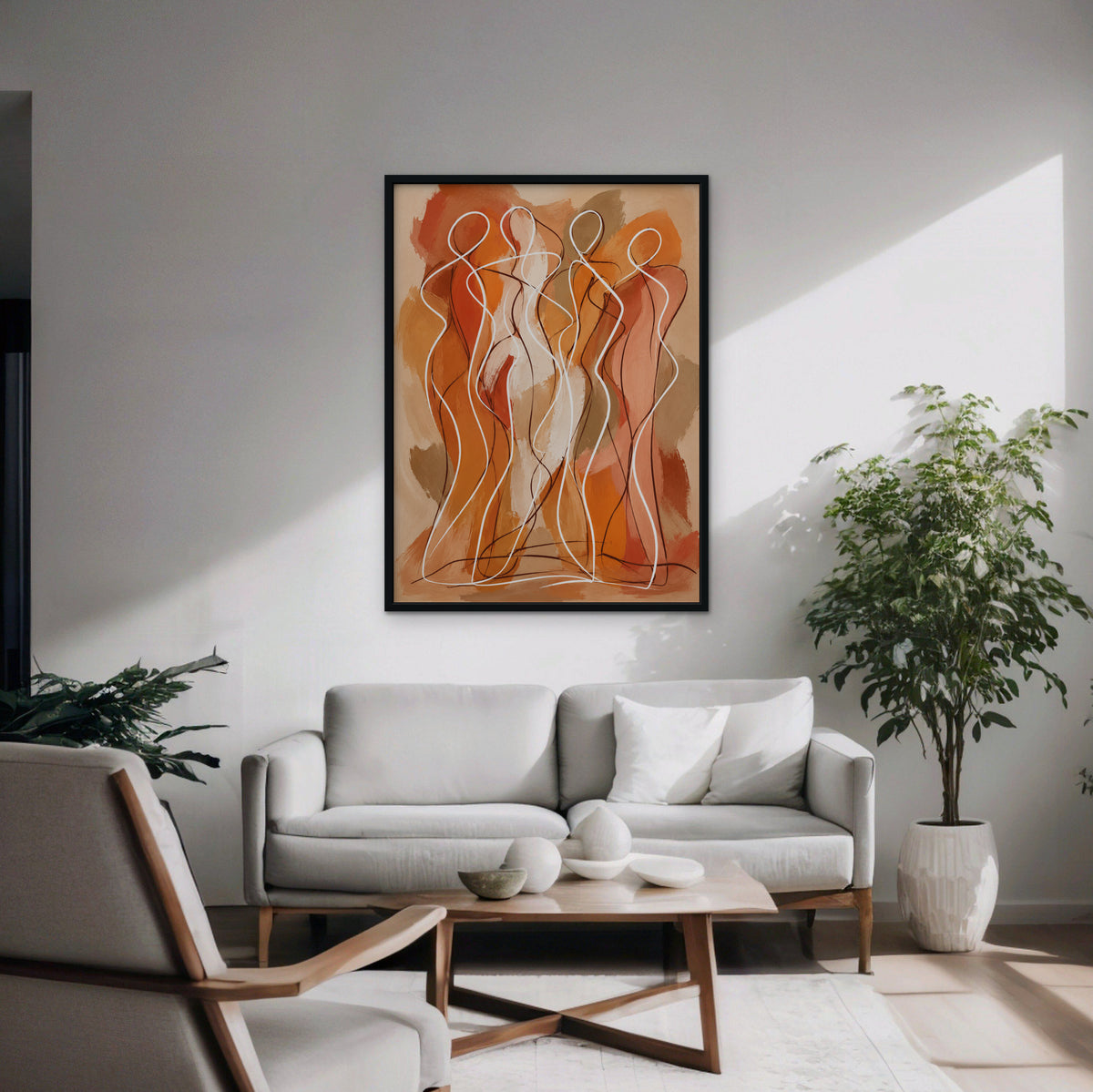 Dancing Figures Canvas Art – vertical orange figurative line art print in a black floating frame in a modern living room