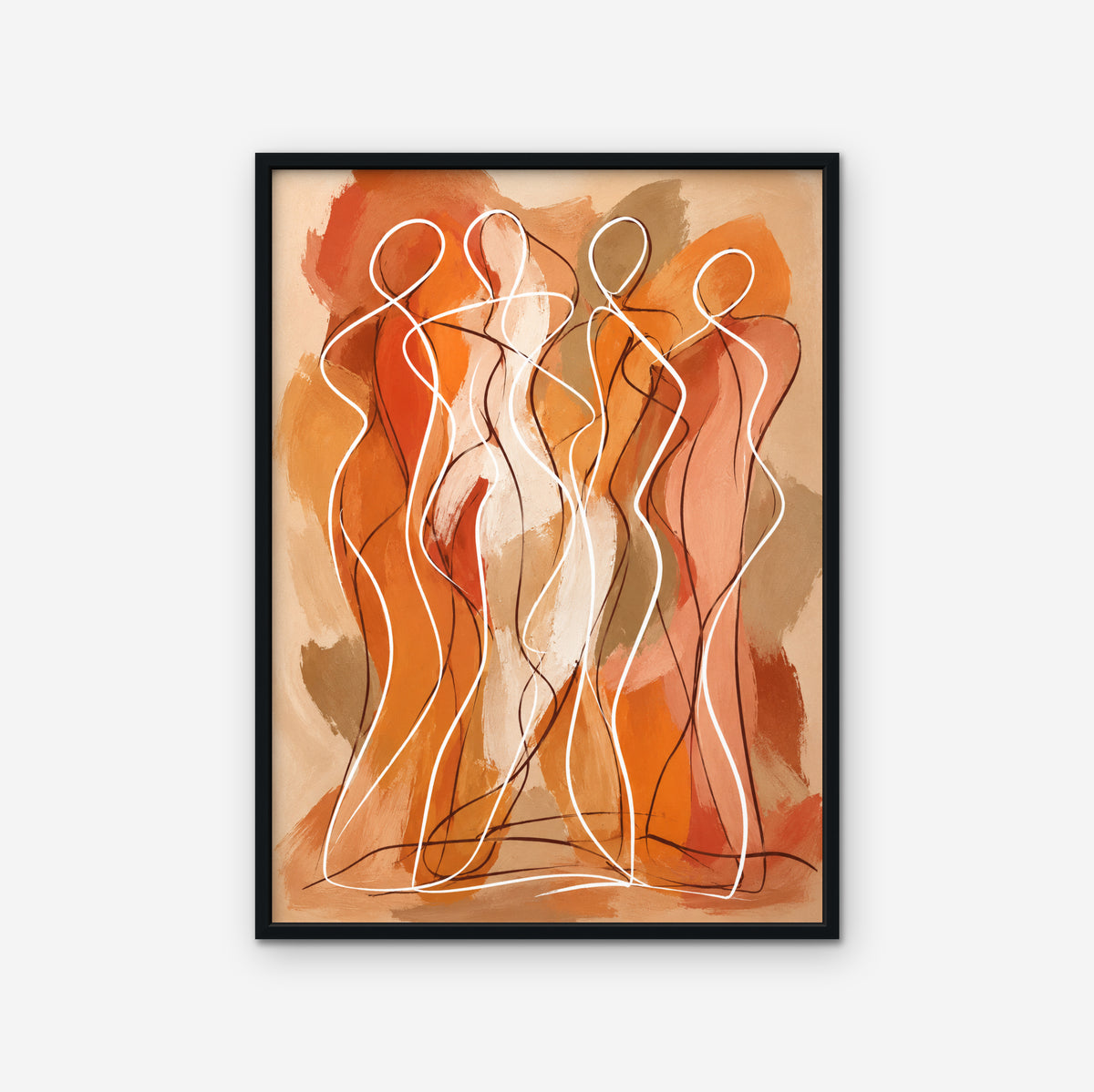 Dancing Figures Canvas Art – vertical orange figurative line art print in a black floating frame on a white background