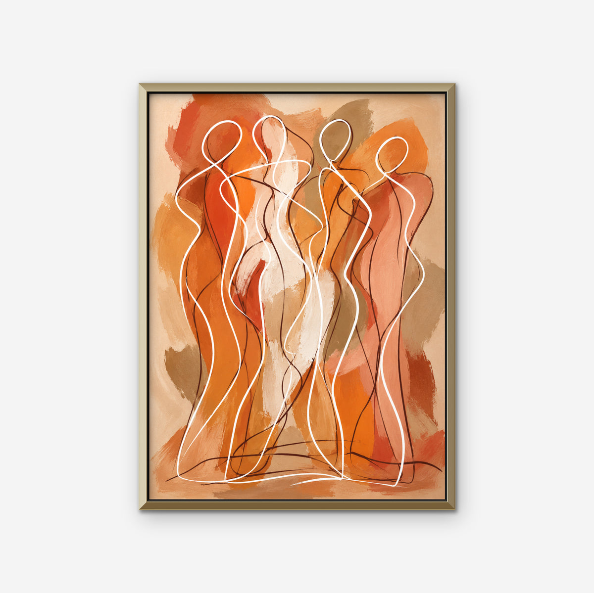 Dancing Figures Canvas Art – vertical orange figurative line art print in a gold floating frame on a white background