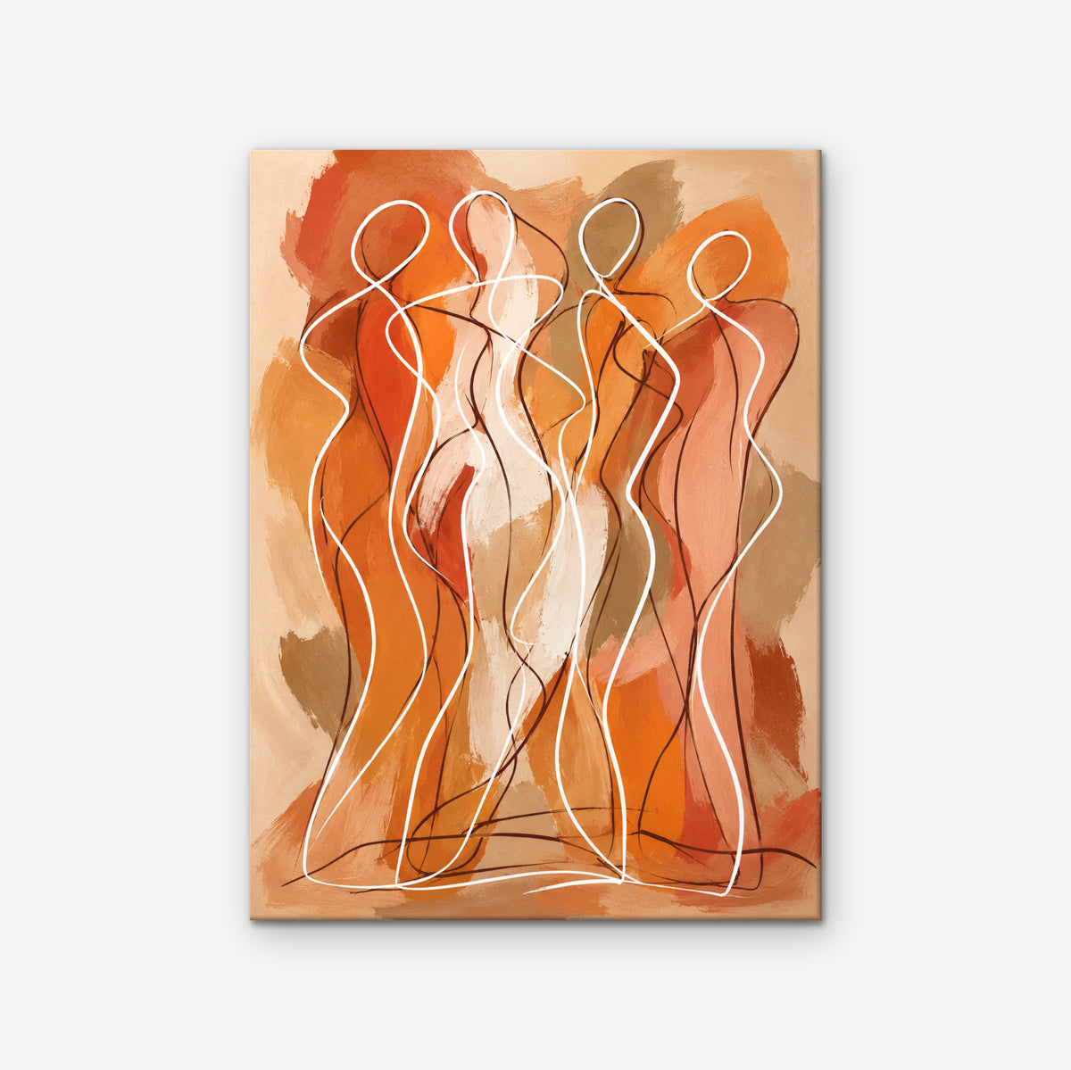 Dancing Figures Canvas Art – vertical orange figurative line art print as a gallery-wrapped canvas on a white background