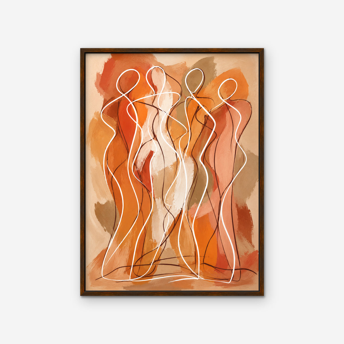 Dancing Figures Canvas Art – vertical orange figurative line art print in a walnut floating frame on a white background