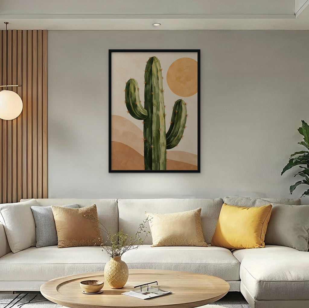Desert Cactus Sun Canvas Art - Vertical – Black Floating Frame in room setting
