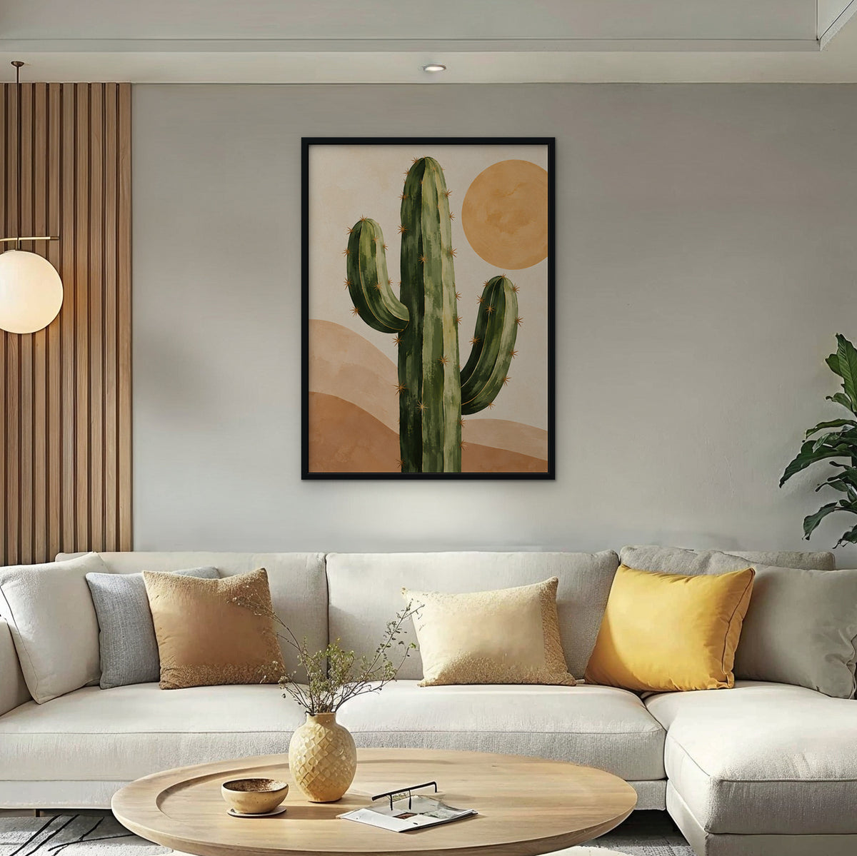 Desert Cactus Sun Canvas Art - Vertical – Black Floating Frame in room setting