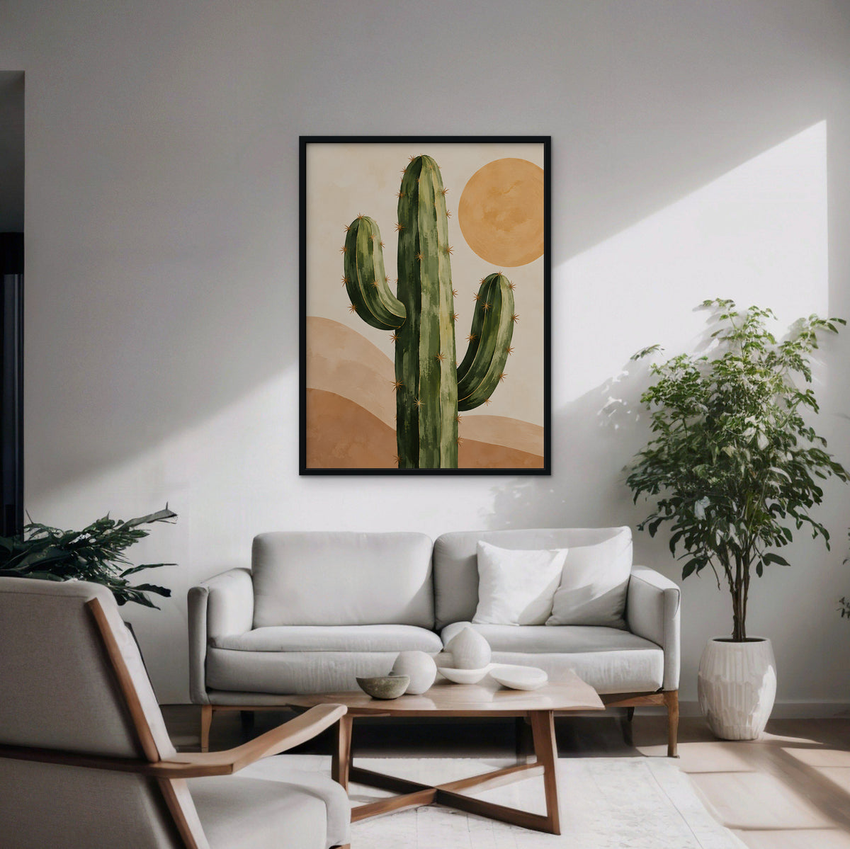 Desert Cactus Sun Canvas Art - Vertical – Black Floating Frame in room setting