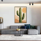 Desert Cactus Sun Canvas Art - Vertical – Gold Floating Frame in room setting