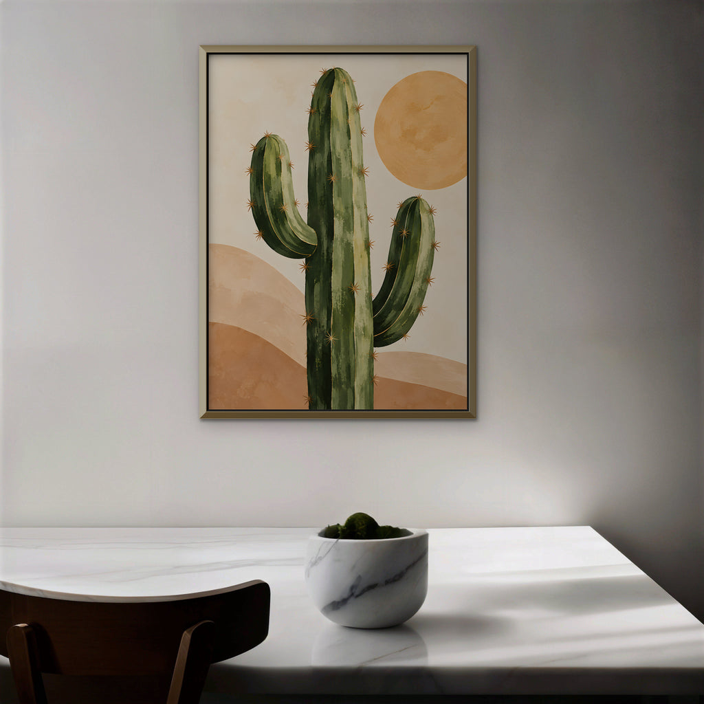 Desert Cactus Sun Canvas Art - Vertical – Gold Floating Frame in room setting