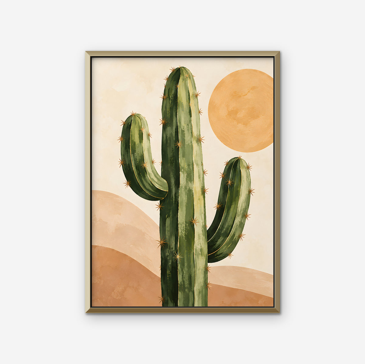Desert Cactus Sun Canvas Art - Vertical – Gold Floating Frame on white background