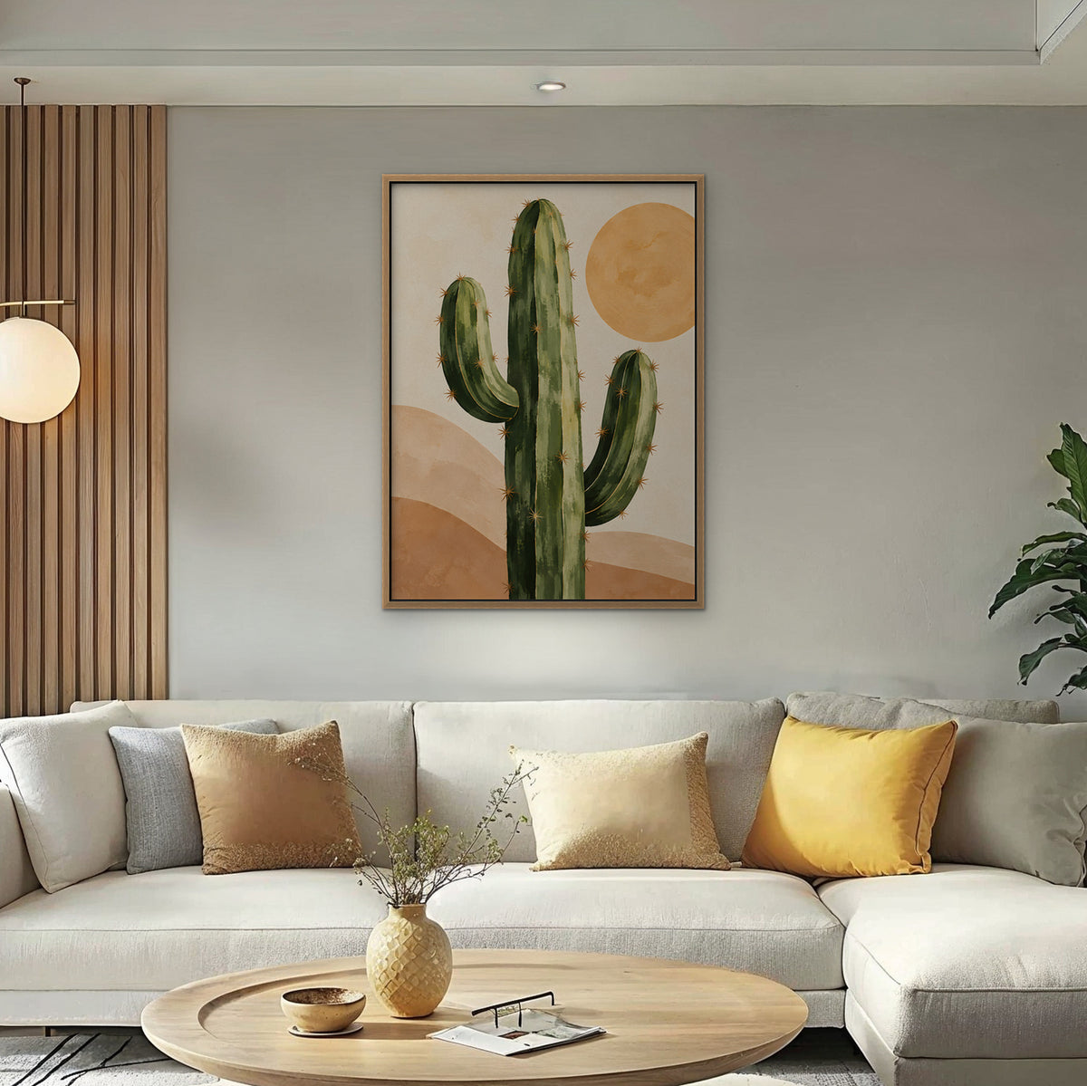 Desert Cactus Sun Canvas Art - Vertical – Oak Floating Frame in room setting