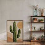 Desert Cactus Sun Canvas Art - Vertical – Oak Floating Frame in room setting