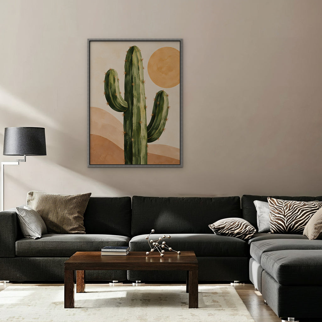Desert Cactus Sun Canvas Art - Vertical – Silver Floating Frame in room setting