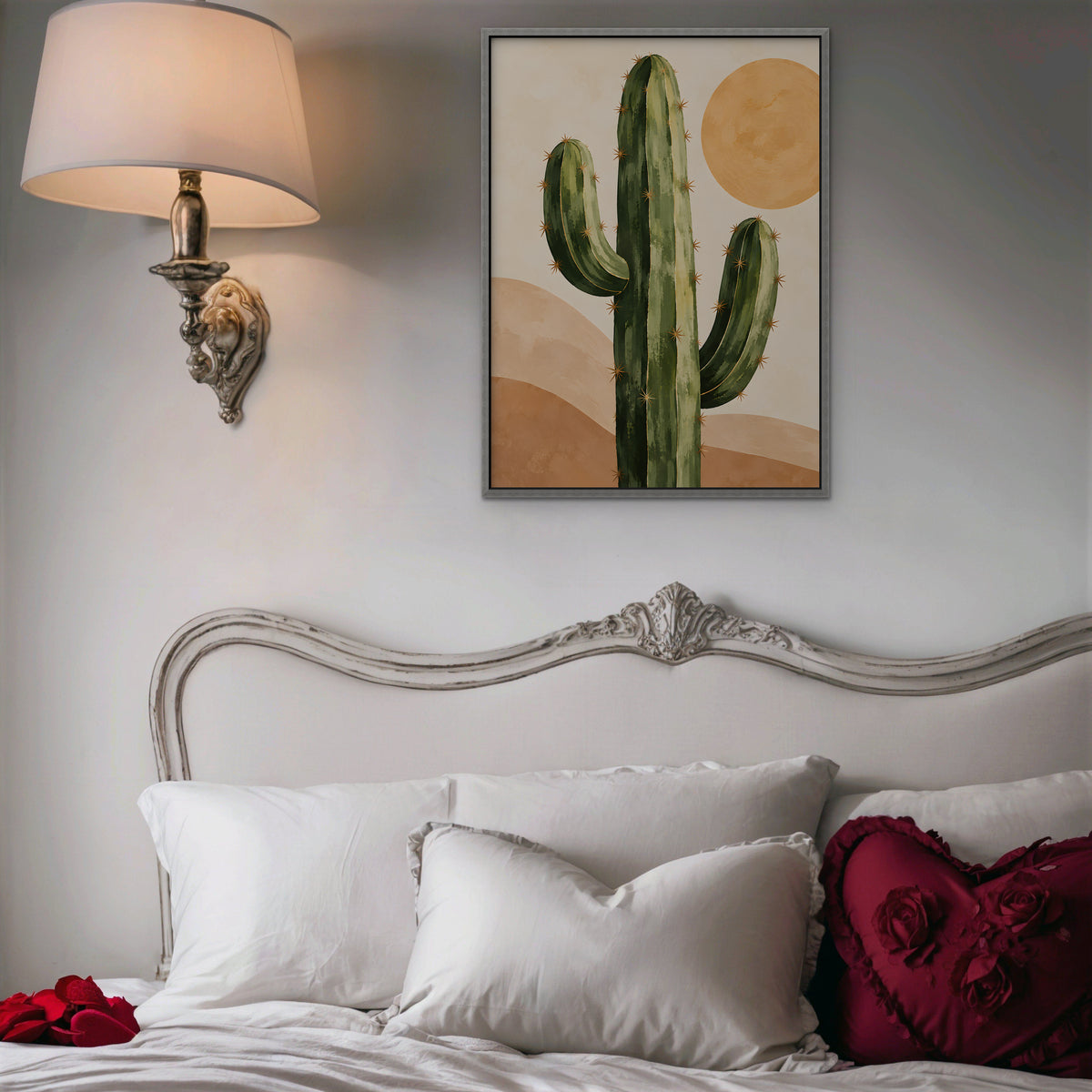 Desert Cactus Sun Canvas Art - Vertical – Silver Floating Frame in room setting