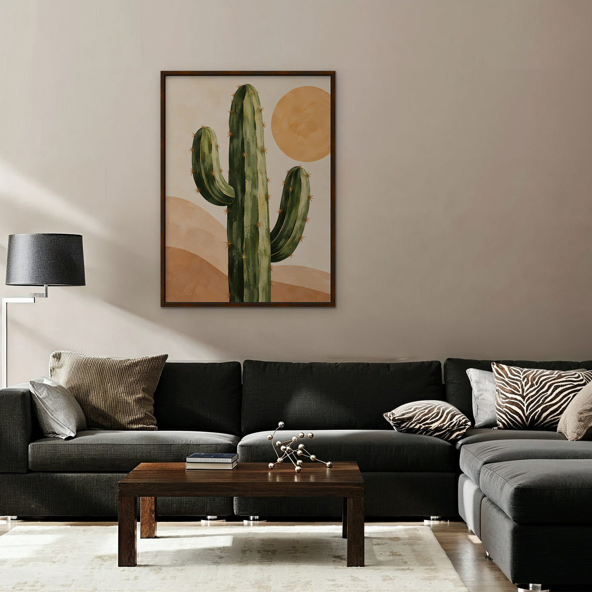 Desert Cactus Sun Canvas Art - Vertical – Walnut Floating Frame in room setting