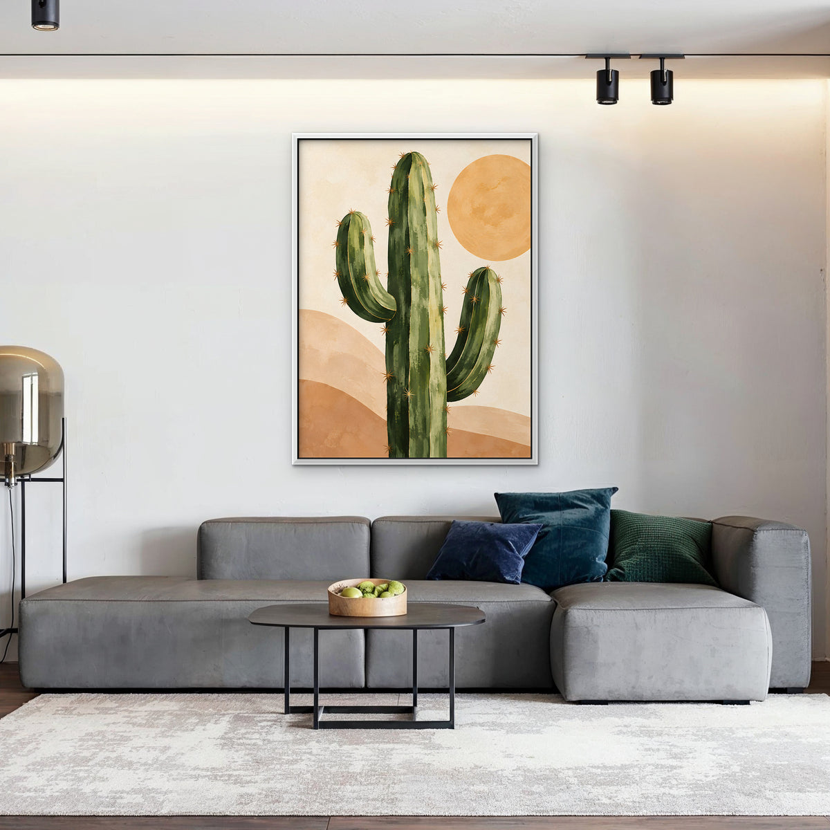 Desert Cactus Sun Canvas Art - Vertical – White Floating Frame in room setting
