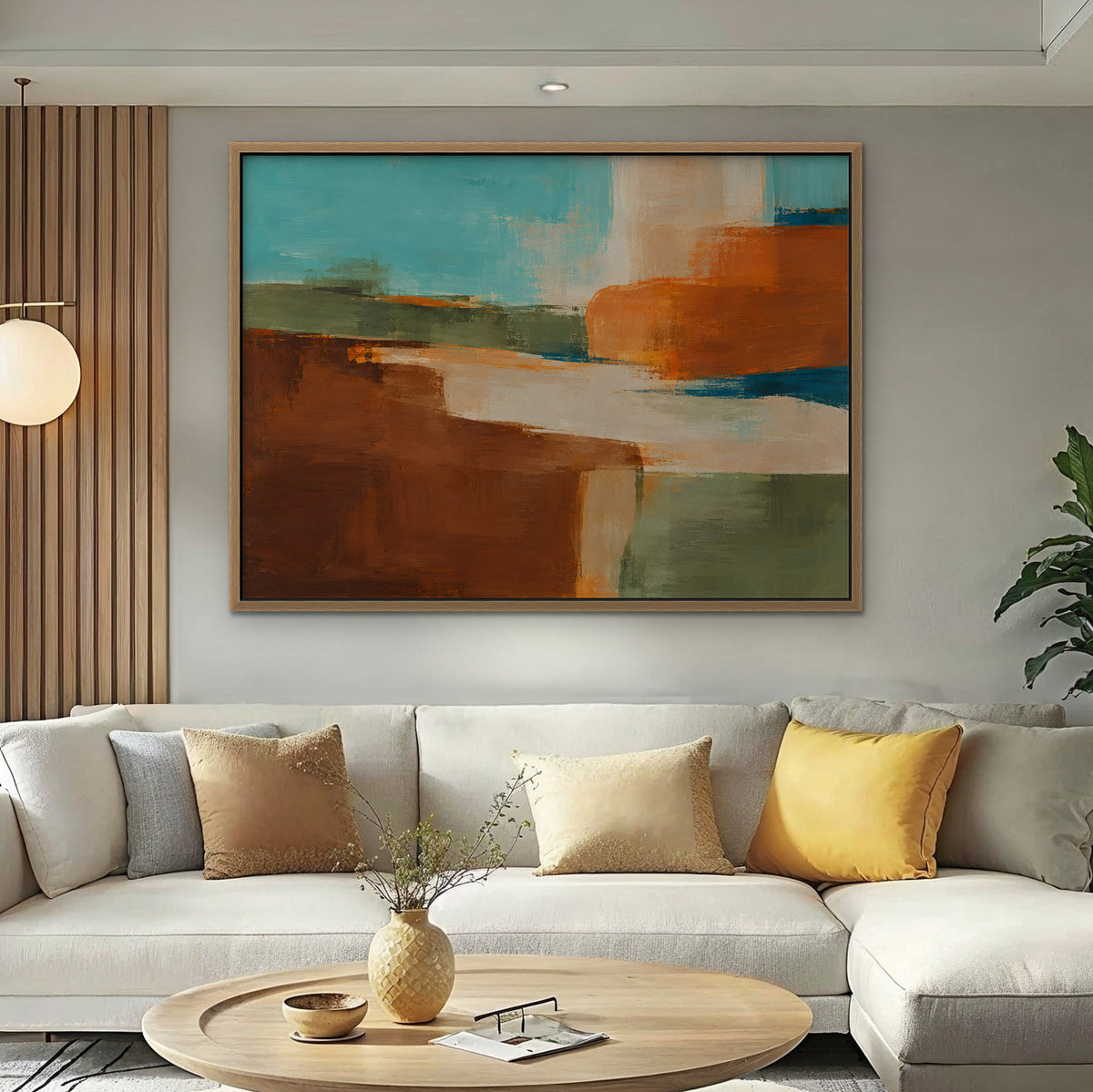 Desert Color Field Canvas Art - Horizontal – Oak Floating Frame in room setting