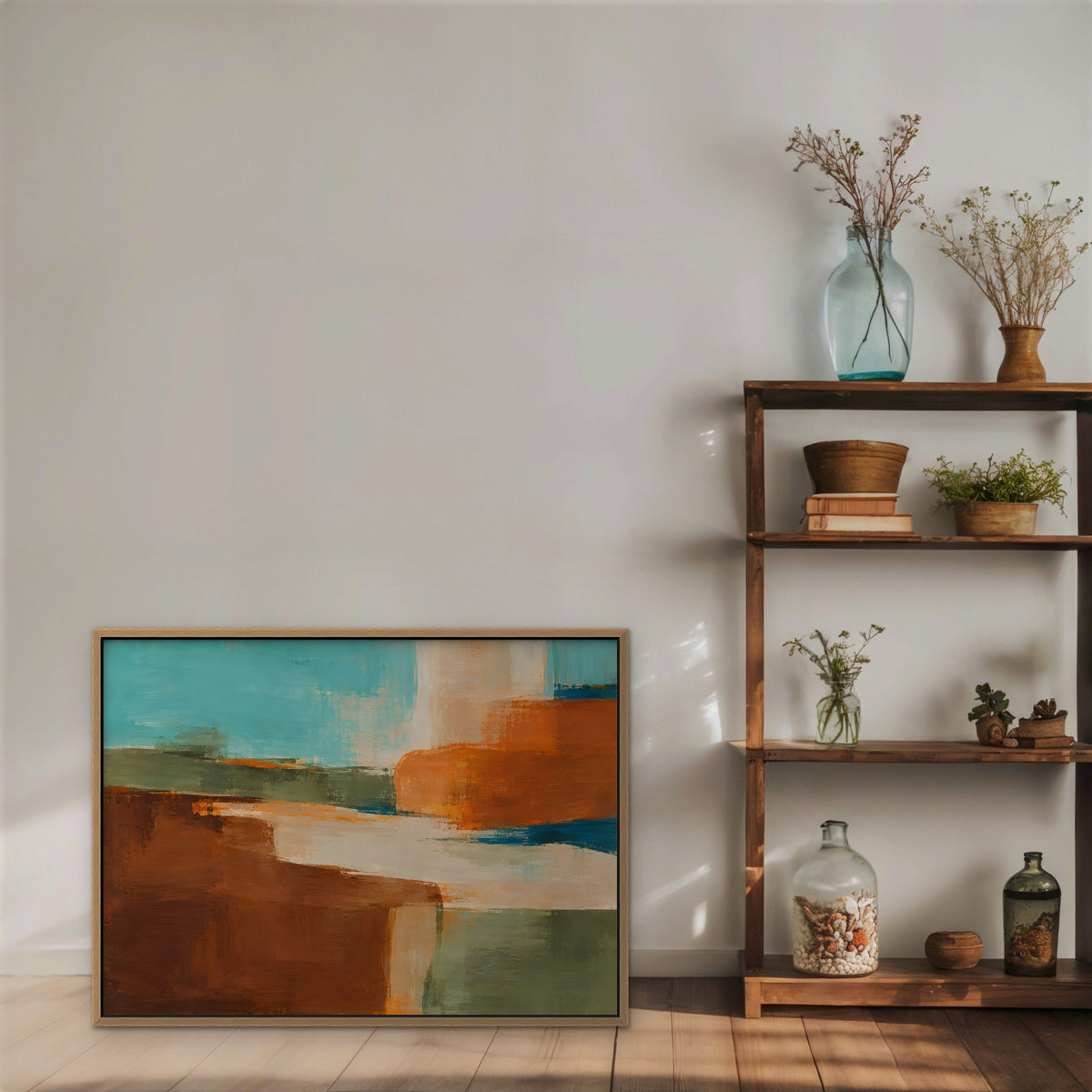 Desert Color Field Canvas Art - Horizontal – Oak Floating Frame in room setting