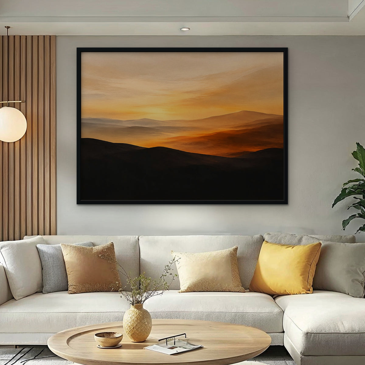 Desert Sunset Hills Canvas Art - Horizontal – Black Floating Frame in room setting