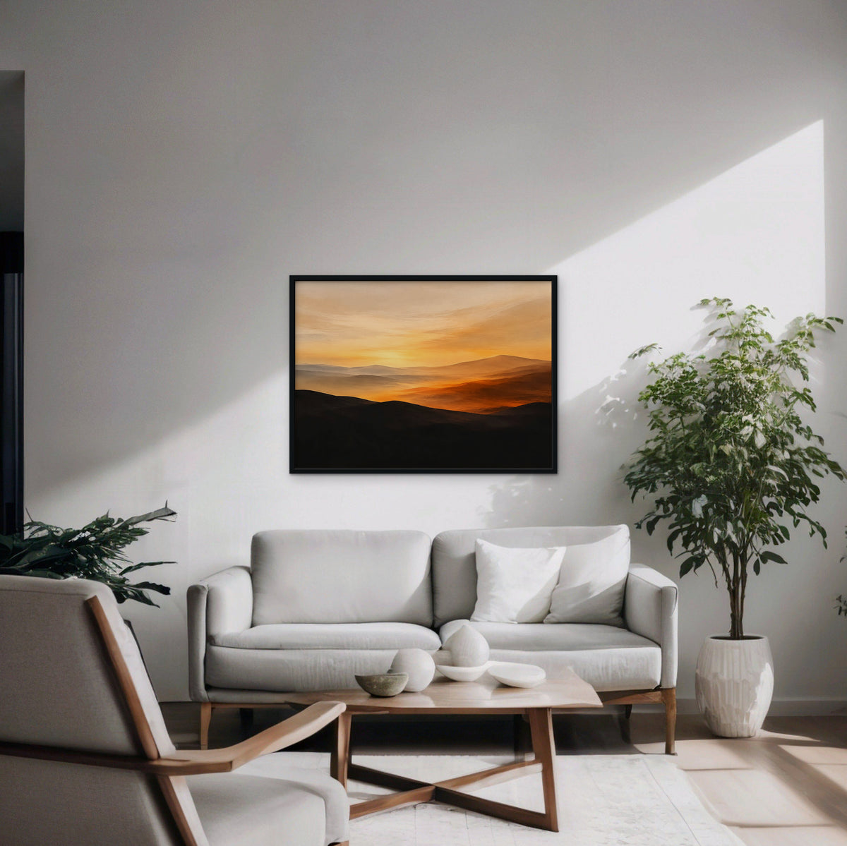 Desert Sunset Hills Canvas Art - Horizontal – Black Floating Frame in room setting