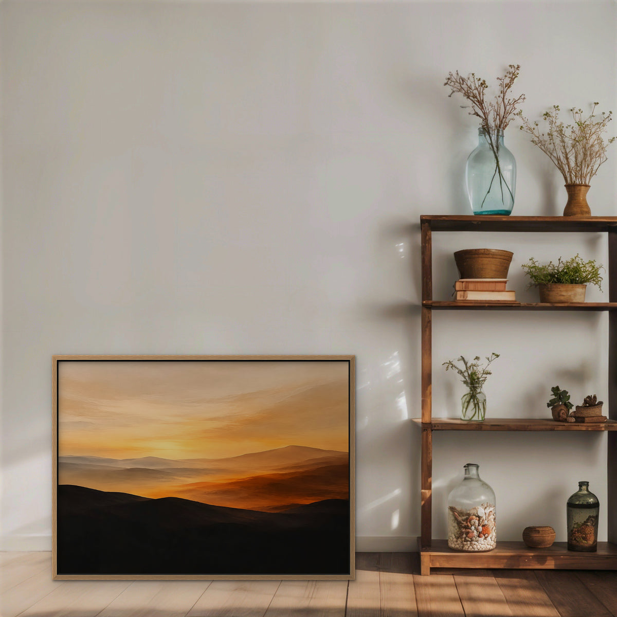 Desert Sunset Hills Canvas Art - Horizontal – Oak Floating Frame in room setting