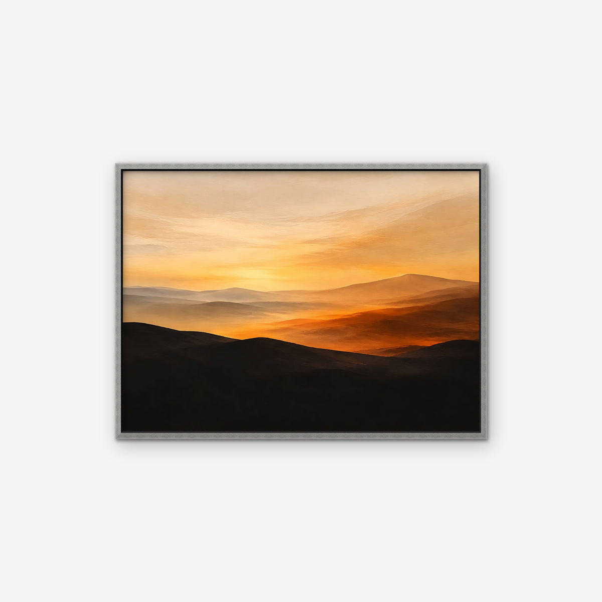 Desert Sunset Hills Canvas Art - Horizontal – Silver Floating Frame on white background