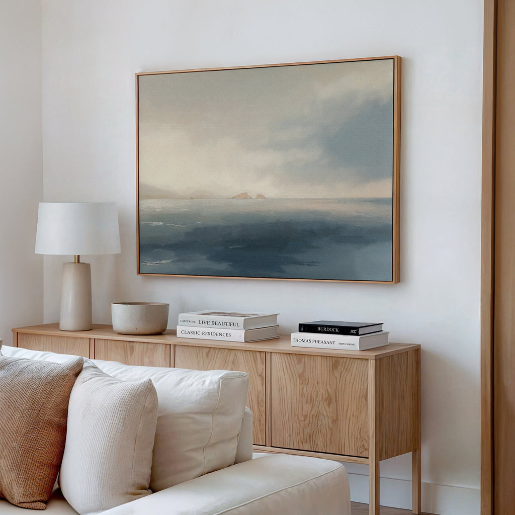Whispers of the Far Shore – blue coastal canvas wall art print by Aspire Prints