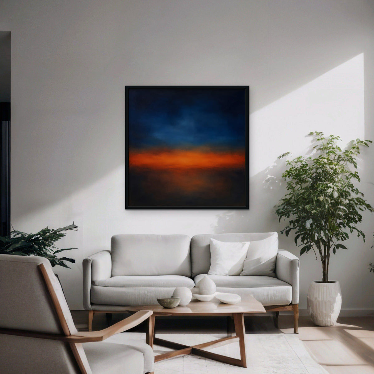 Ember Twilight Canvas Art - Square – Black Floating Frame in room setting