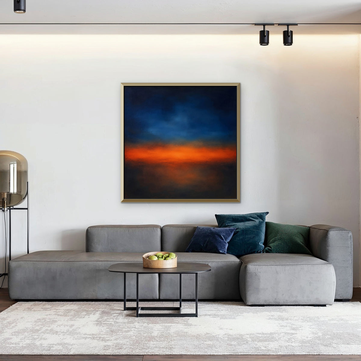 Ember Twilight Canvas Art - Square – Gold Floating Frame in room setting