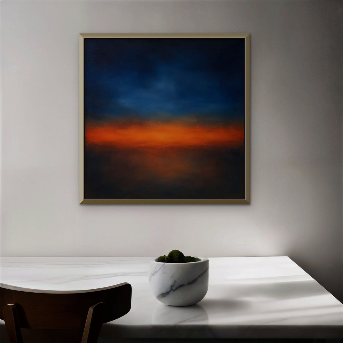 Ember Twilight Canvas Art - Square – Gold Floating Frame in room setting