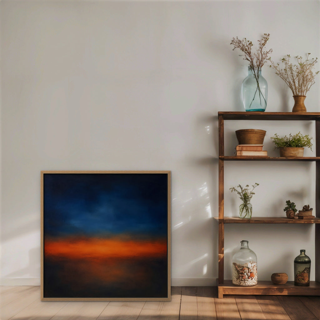 Ember Twilight Canvas Art - Square – Oak Floating Frame in room setting