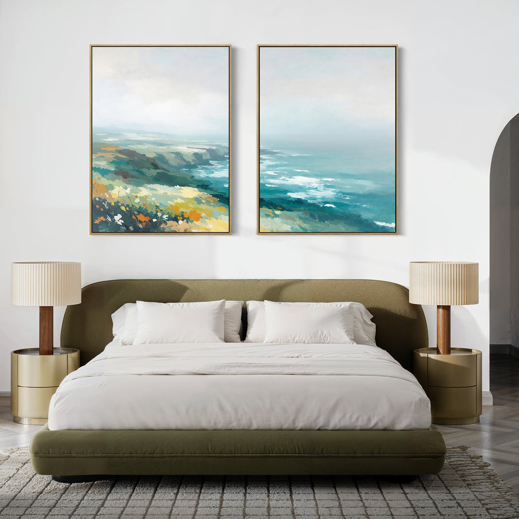 Where the Sea Meets Fire – Set of 2 Canvas Prints set of 2 – blue landscape canvas wall art by Aspire Prints