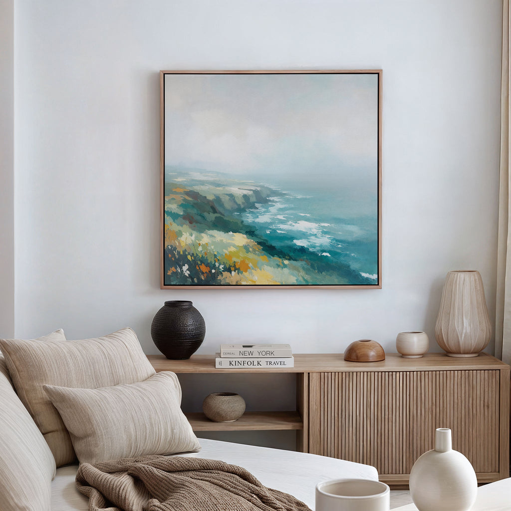 Where Cliffs Meet the Tide – blue landscape canvas wall art print by Aspire Prints