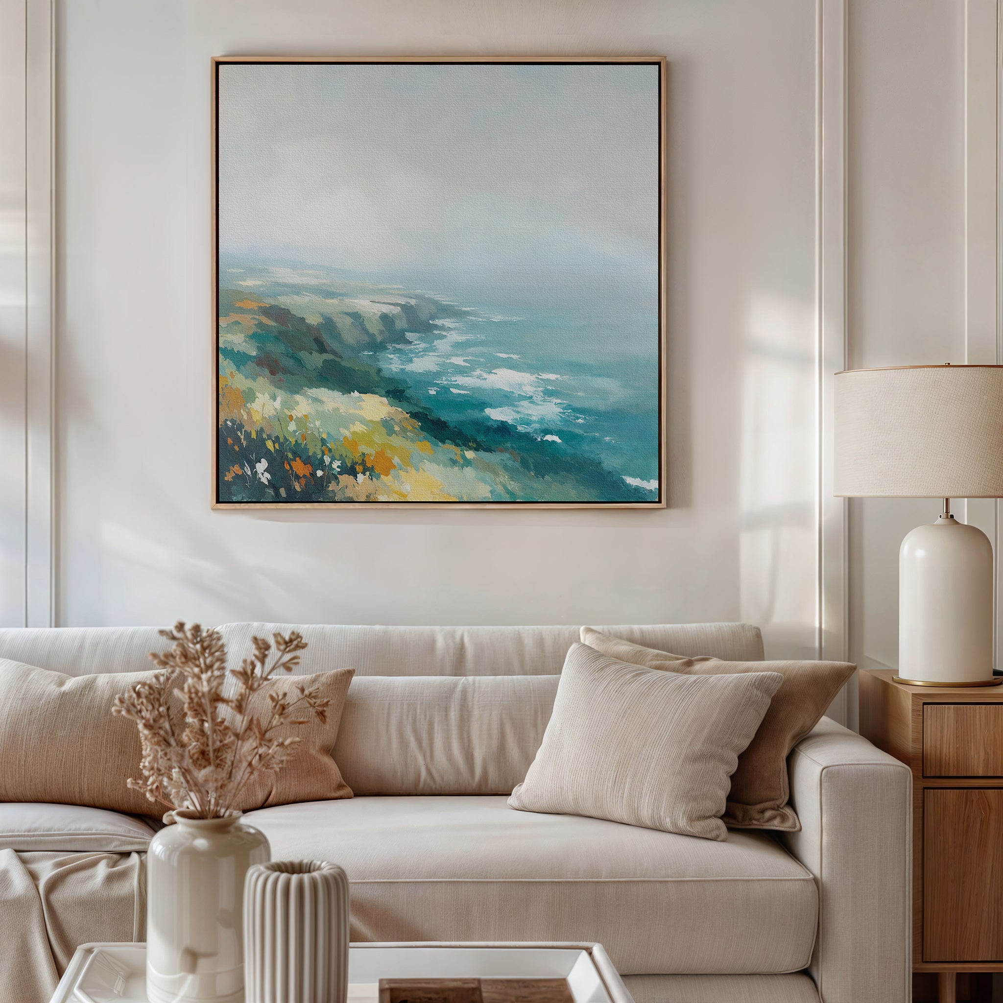 Where Cliffs Meet the Tide – blue landscape canvas wall art print by Aspire Prints