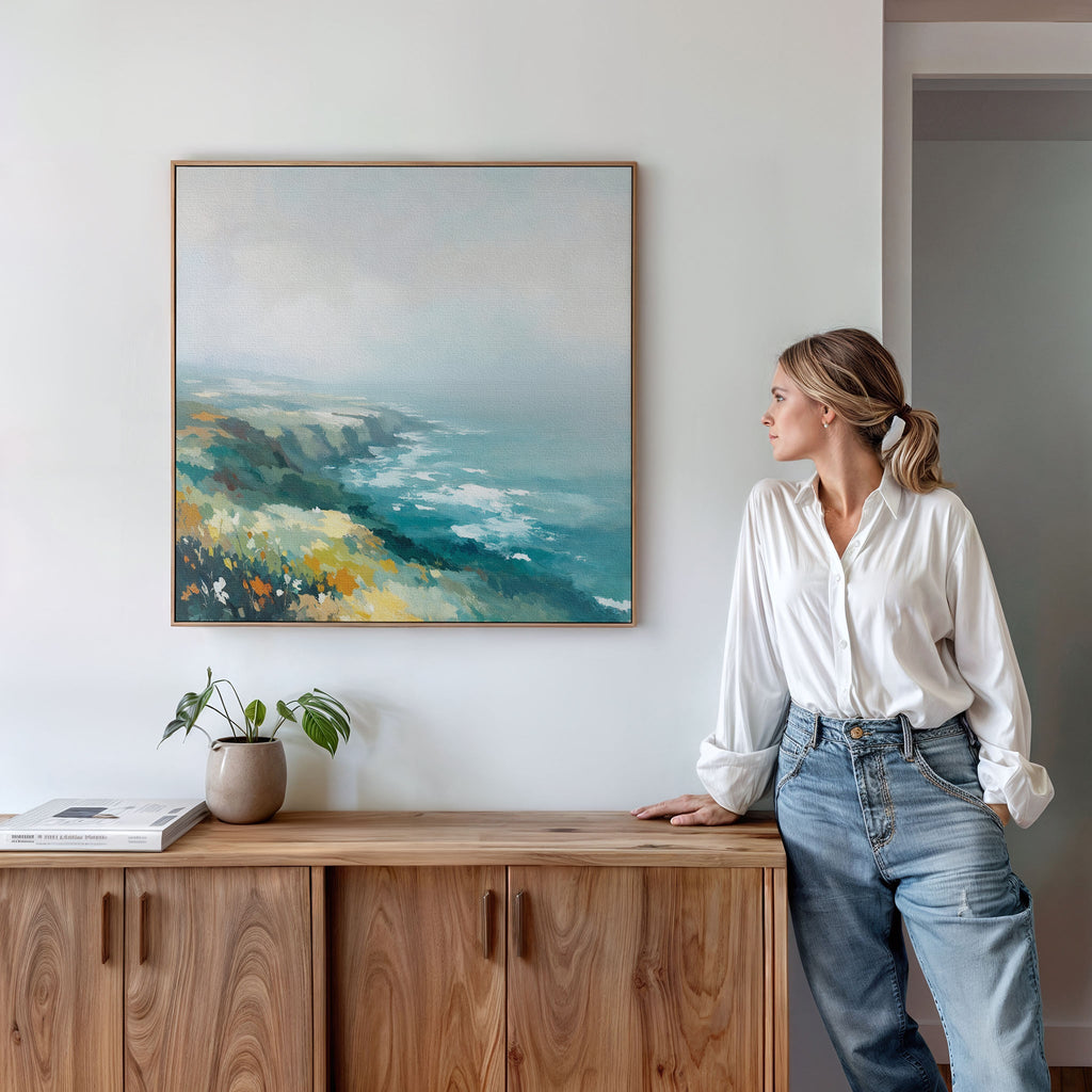 Where Cliffs Meet the Tide – blue landscape canvas wall art print by Aspire Prints